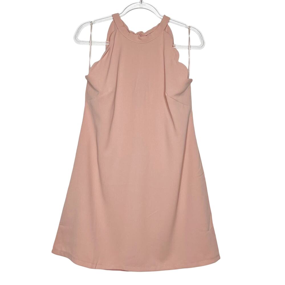 VIA JAY Scalloped Halter Mini Shift Dress Keyhole Back Tie Blush Pink Size Large